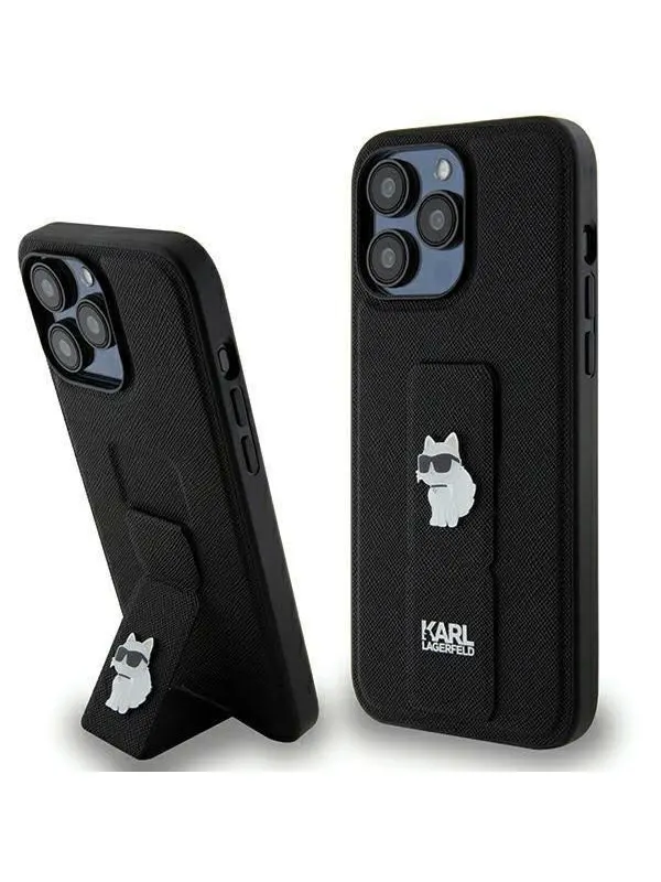 Karl Lagerfeld Gripstand Saffiano Choupette Pins case for iPhone 13 Pro Max - black