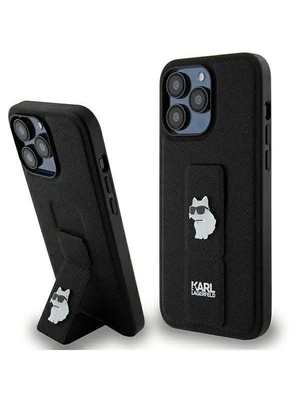 Karl Lagerfeld Gripstand Saffiano Choupette Pins Case for iPhone 13 Pro / 13 - Black