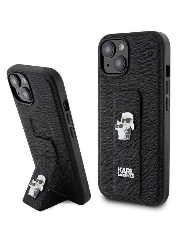 Karl Lagerfeld Gripstand Saffiano Karl&Choupette Pins case for iPhone 15 - black