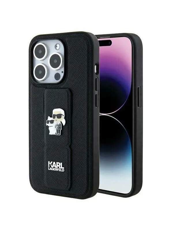 Karl Lagerfeld Gripstand Saffiano Karl&amp;Choupette Pins case for iPhone 14 Pro - black