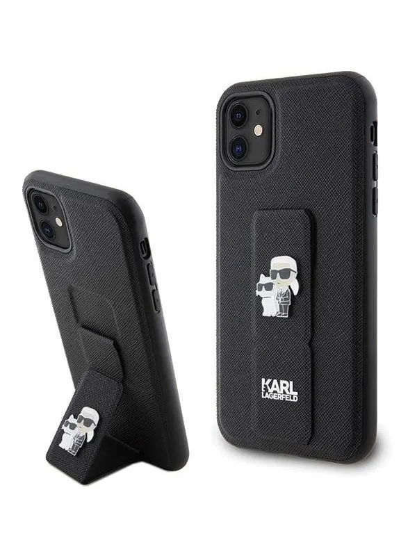 Karl Lagerfeld Gripstand Saffiano Karl&amp;Choupette Pins case for iPhone 11 / Xr - black