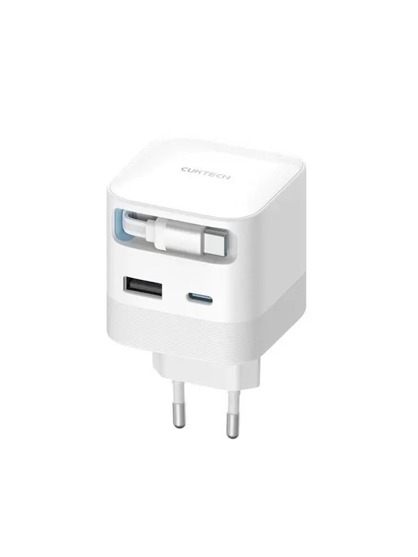 CUKTECH AD653W 67W GaN 2x USB-C + USB-A Wall Charger with 70cm Retractable USB-C Cable - White