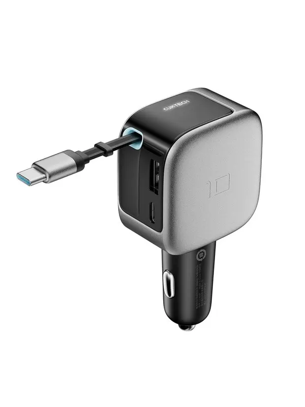 CUKTECH CC903P 100W Car Charger with Display and 70cm Retractable USB-C Cable - Grey