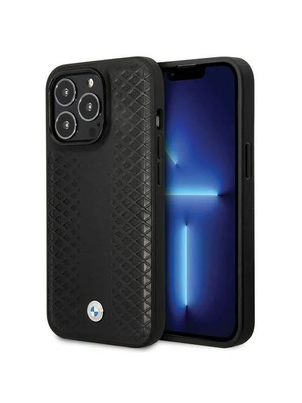 BMW Leather Diamond Pattern Case for iPhone 14 Pro - Black