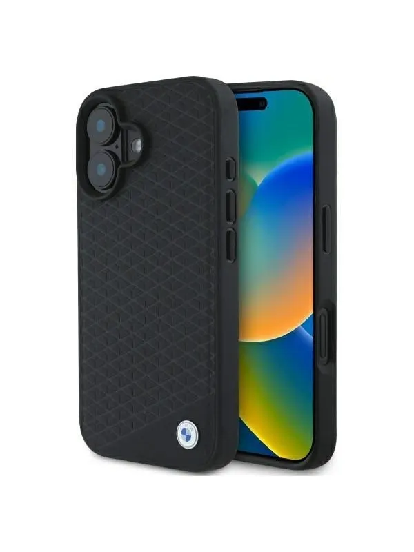 BMW Sign Leather Diamond Metal Logo MagSafe iPhone 16 Case - Black