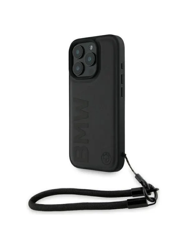 BMW Signature Leather Wordmark Cord Case for iPhone 16 Pro - Black