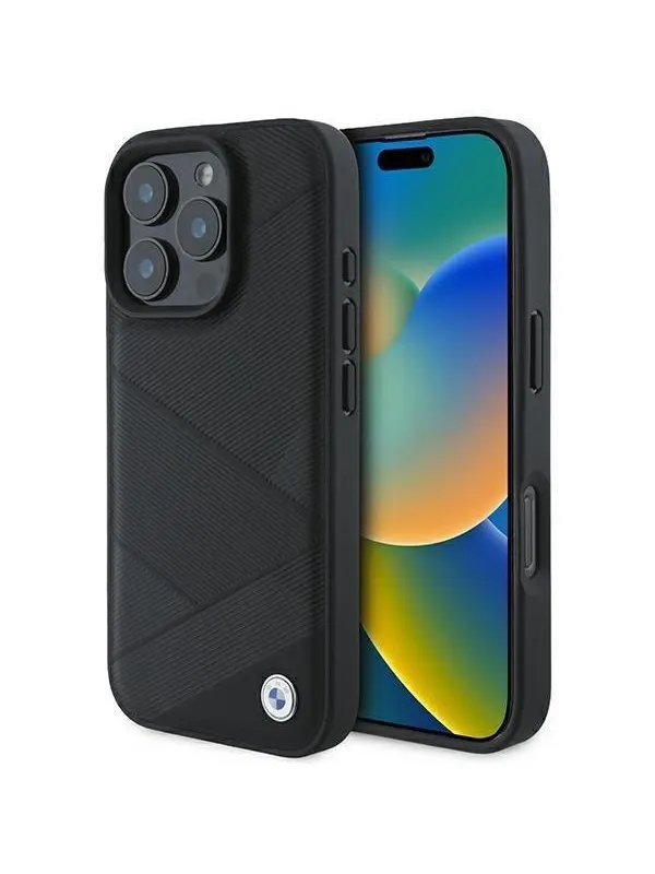 BMW Signature Leather Crossing Lines Pattern iPhone 16 Pro Case - Black