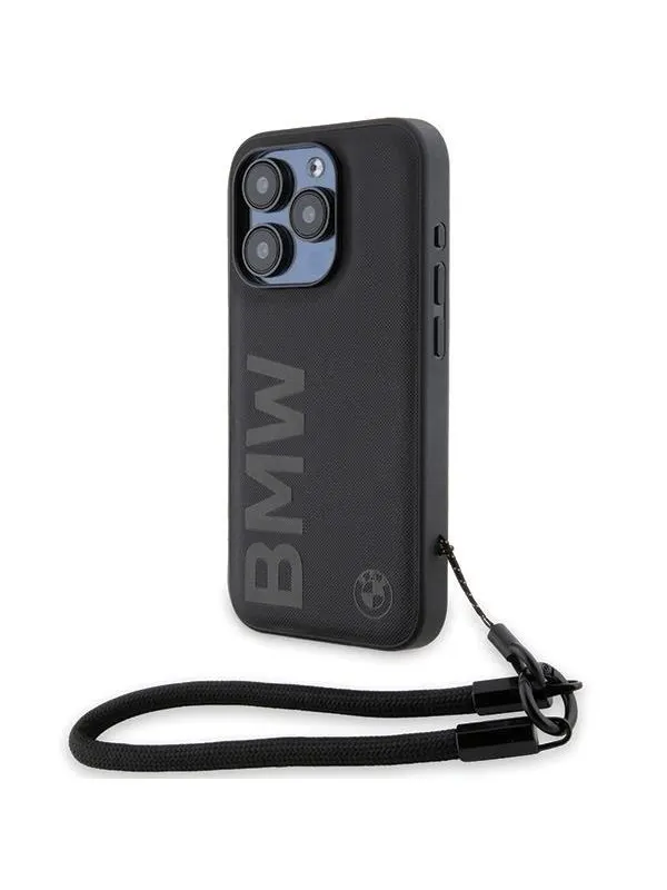 BMW Signature Leather Wordmark Cord case for iPhone 15 Pro Max - black