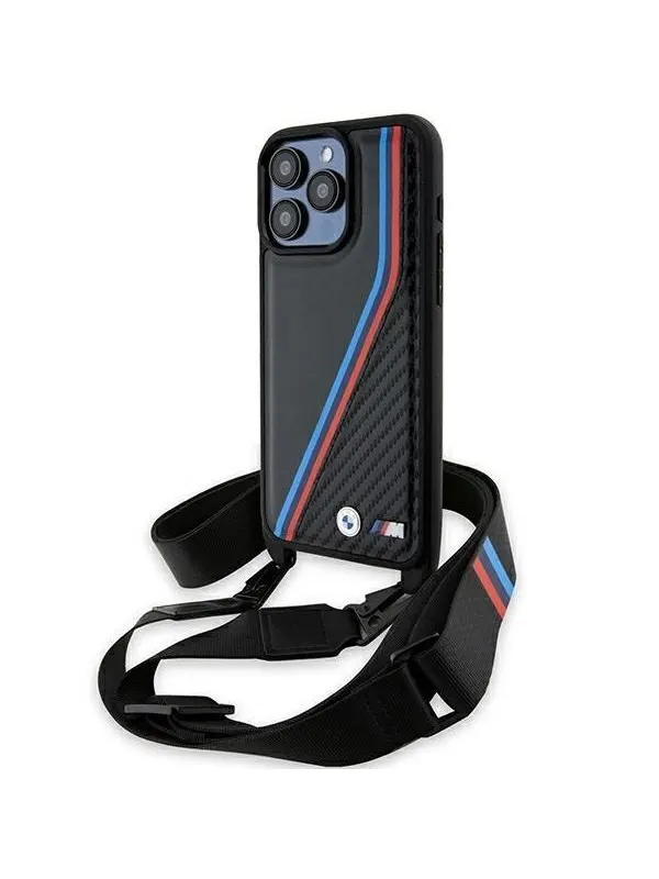 BMW M Edition Carbon Tricolor Lines & Strap case for iPhone 15 Pro Max - black