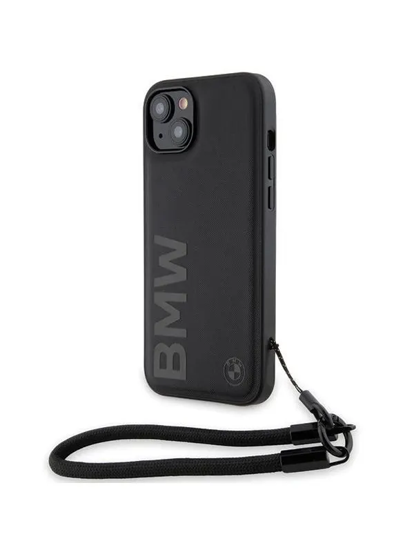 BMW Signature Leather Wordmark Cord Case for iPhone 15/14/13 - Black