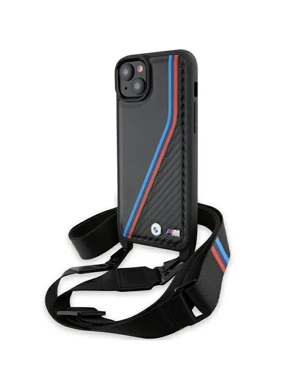 BMW M Edition Carbon Tricolor Lines &amp; Strap case for iPhone 15 Plus / 14 Plus - black