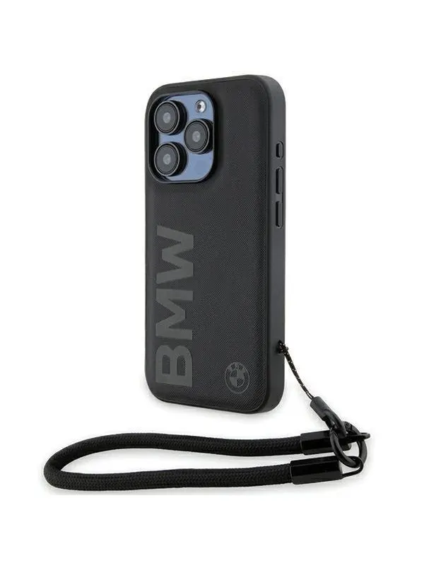 BMW Signature Leather Wordmark Cord case for iPhone 15 Pro - black