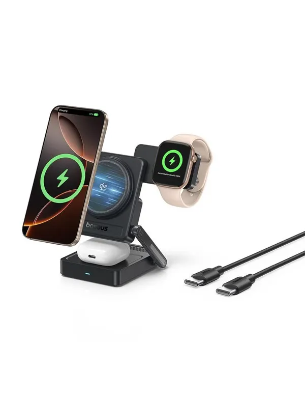 Baseus PicoGo AF21 3-in-1 Qi2.2 35W Wireless Charger with 1m USB-C Cable - Black