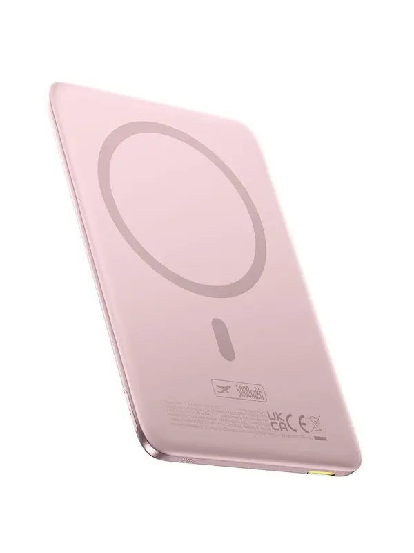 Baseus PicoGo AM41 5000mAh 20W Ultra-Slim Power Bank MagSafe Compatible with Simple USB-C 60W 30cm Cable - Pink - 5000 mAh