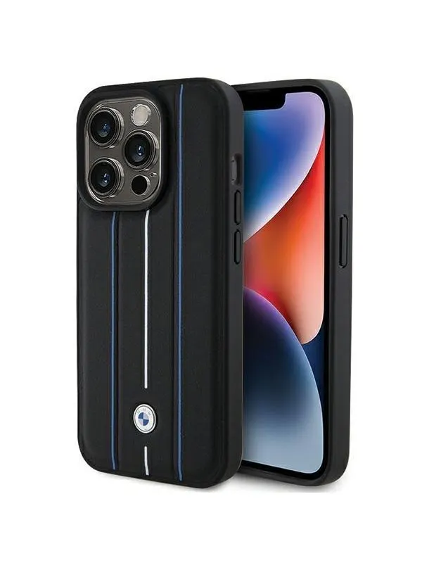 BMW Leather Stamp Blue Line Case for iPhone 15 Pro Max - Black