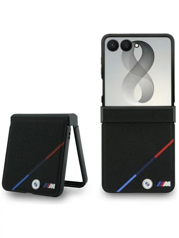 BMW M Leather Perforated Tricolor Stripe Metal Logos MagSafe Case for Samsung Galaxy Z Flip 8 - Black