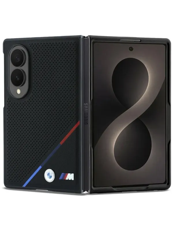 BMW M Leather Perforated Tricolor Stripe Metal Logos MagSafe Case for Samsung Galaxy Z Fold 8 - Black