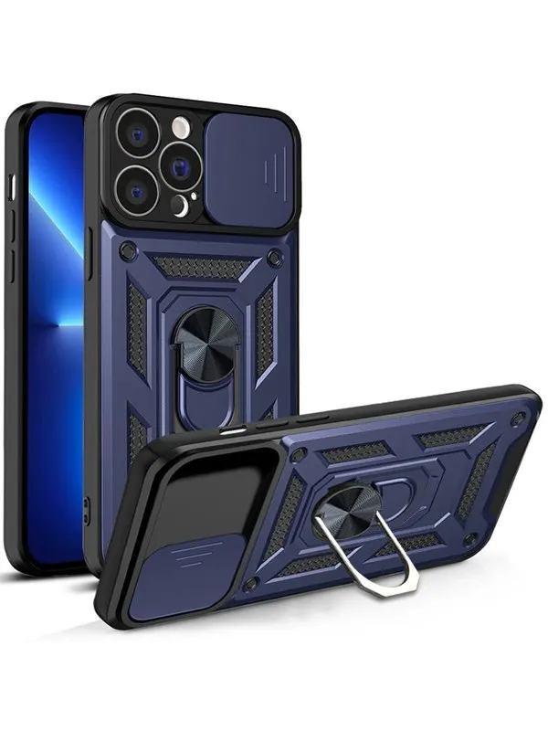 Hurtel Hybrid Armor Camshield Case for iPhone 13 Pro Armored Case with Camera Cover Blue
