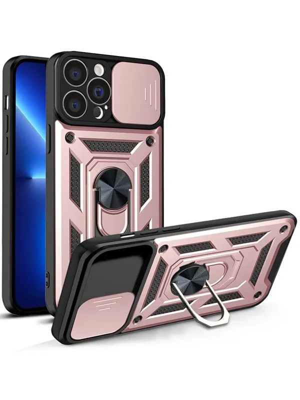 Hurtel Hybrid Armor Camshield Case for iPhone 13 Pro Armored Case with Camera Cover Pink