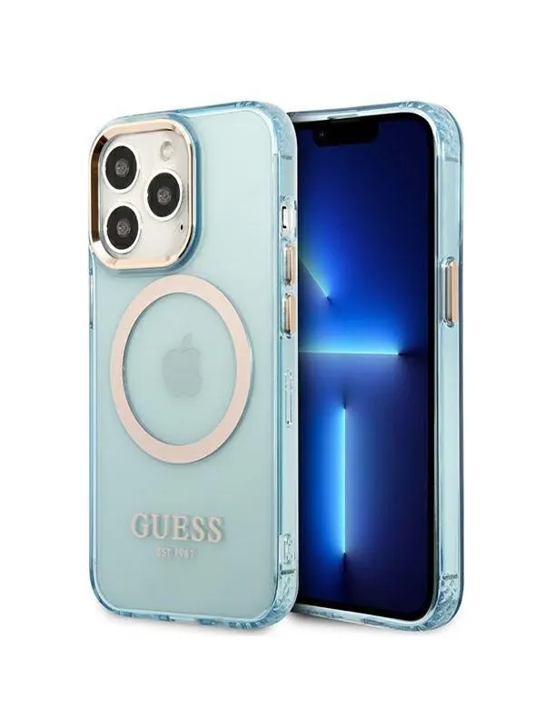 GUESS Gold Outline Translucent MagSafe case for iPhone 13 Pro / iPhone 13 - blue