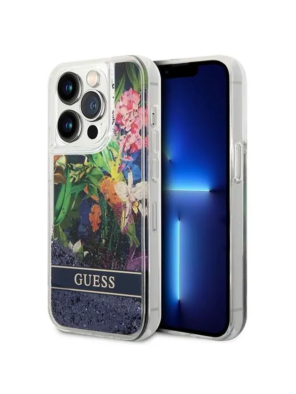 GUESS Flower Liquid Glitter case for iPhone 14 Pro Max - blue