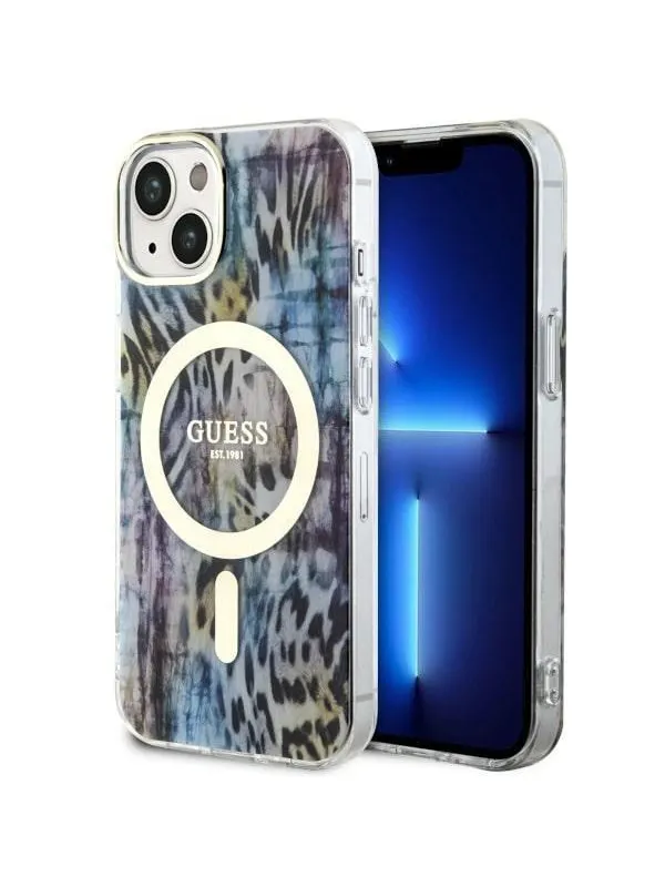 GUESS Leopard MagSafe case for iPhone 14 - blue