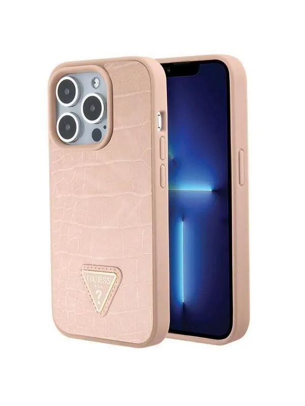 GUESS Croco Triangle Metal Logo case for iPhone 15 Pro - pink