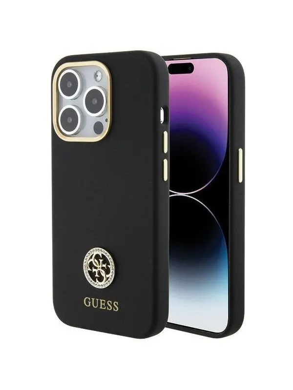 GUESS Silicone Logo Strass 4G Case for iPhone 15 Pro - Black