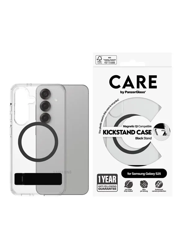 CARE by PanzerGlass Feature Case Transparent w. Black Kickstand & QI Compatible Samsung Galaxy S25