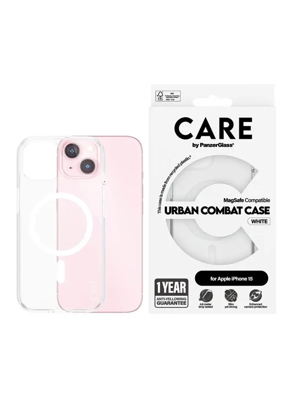 CARE by PanzerGlass Flagship Case Transparent Urban Combat w. White MagSafe iPhone 15