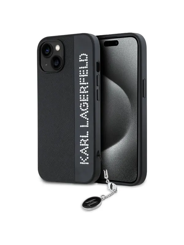 Karl Lagerfeld Saffiano Rhinestones & Charm case for iPhone 15 / 14 / 13 - black