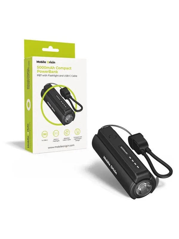 Mobile Origin 5000mAh Compact PowerBank PB7 with Flashlight and USB-C Cable - 5000 mAh