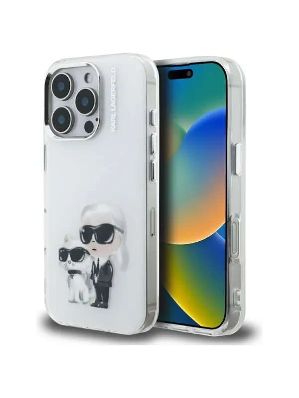 Karl Lagerfeld IML Aquarelle Karl & Choupette & Logo Case for iPhone 16 Pro Max - White