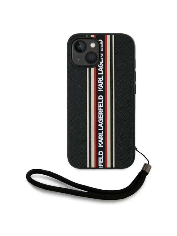 Karl Lagerfeld Saffiano Athleisure Stripes Cord iPhone 15 Case - Red