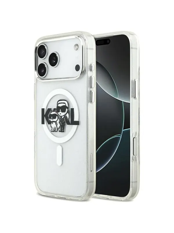 Karl Lagerfeld IML Glitter Karl & Choupette Sketch Logo MagSafe Case for iPhone 17 Pro Max - Clear