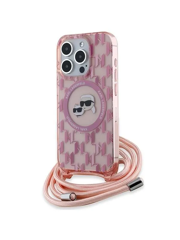 Karl Lagerfeld IML Crossbody Monogram Karl & Choupette Head MagSafe Case for iPhone 15 Pro Max - Pink