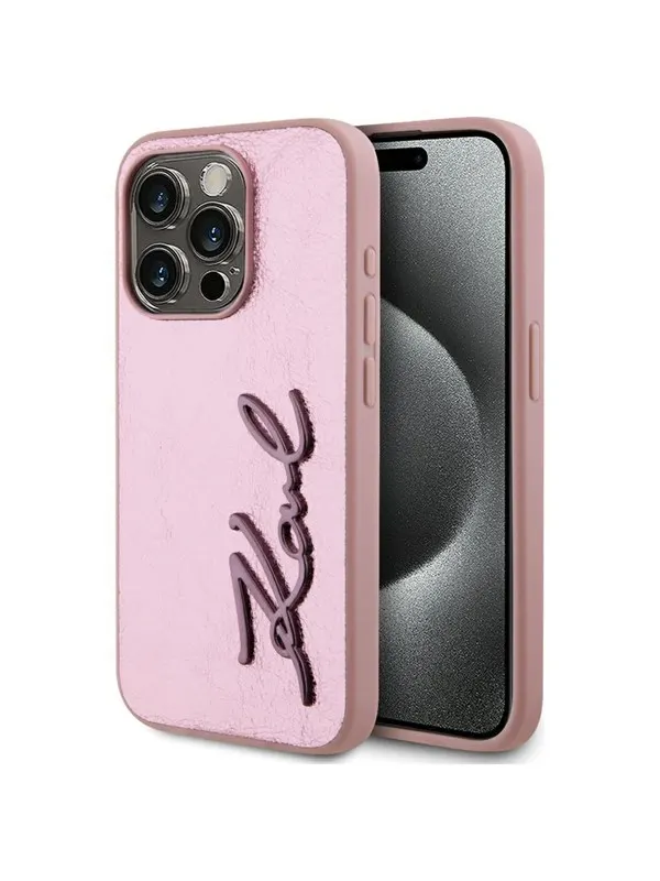 Karl Lagerfeld Wrinkled Metal Signature iPhone 15 Pro Case - Pink