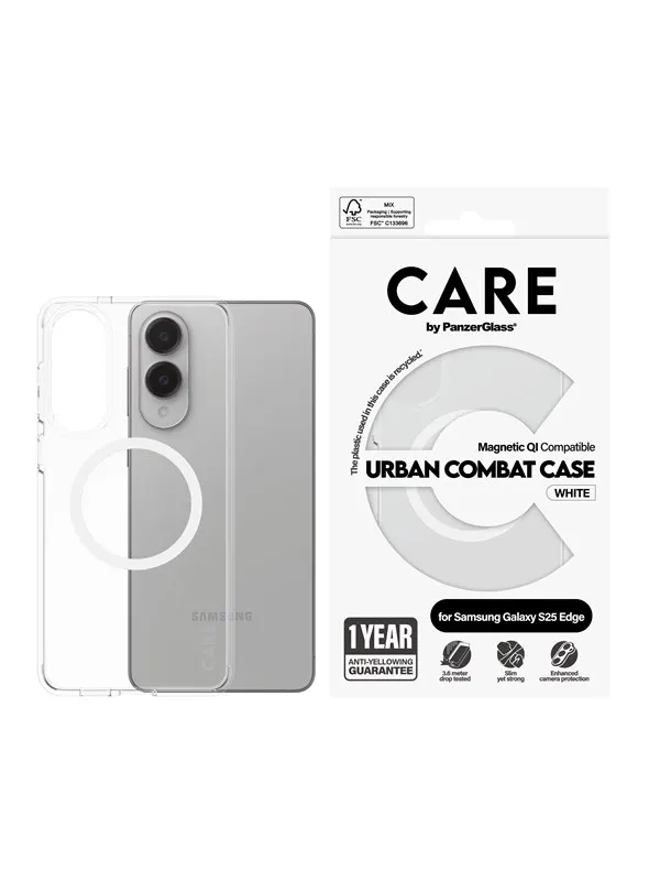 CARE by PanzerGlass Flagship Case Transparent Urban Combat w. White Qi Compatible Samsung S25 Edge