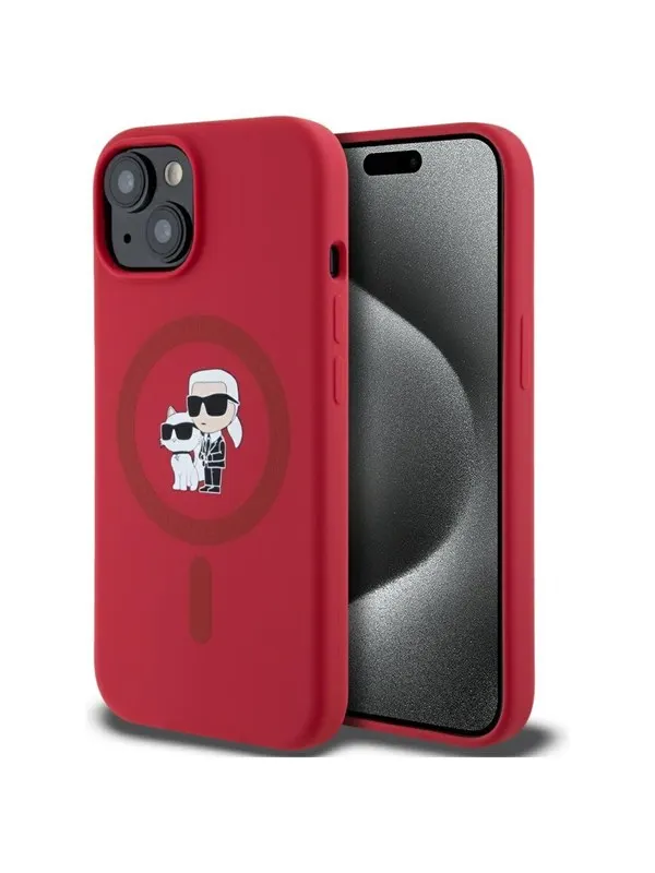 Karl Lagerfeld Silicone Karl&Choupette Heads Ring MagSafe iPhone 15 Case - Red