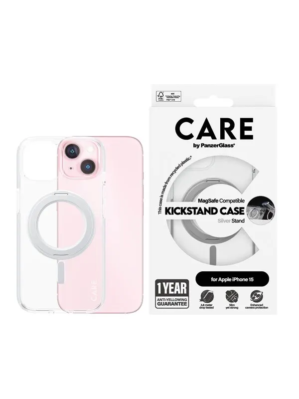 CARE by PanzerGlass Feature Case Transparent w. Silver Kickstand & MagSafe iPhone 15