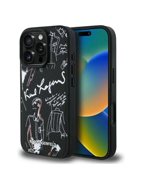 Karl Lagerfeld Grained Pattern & Logo MagSafe Case for iPhone 16 Pro - Black