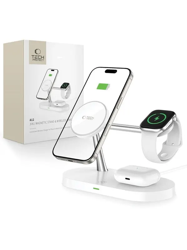 Tech-Protect A12 3in1 MagSafe Inductive Charger for Smartphone / Headphones / Smartwatch - White