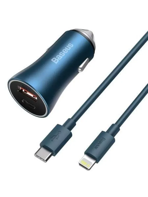 Baseus Golden Contactor Pro car charger USB + USB-C QC4.0+ PD SCP 40W (blue) + USB-C - Lightning cable 1m (blue)