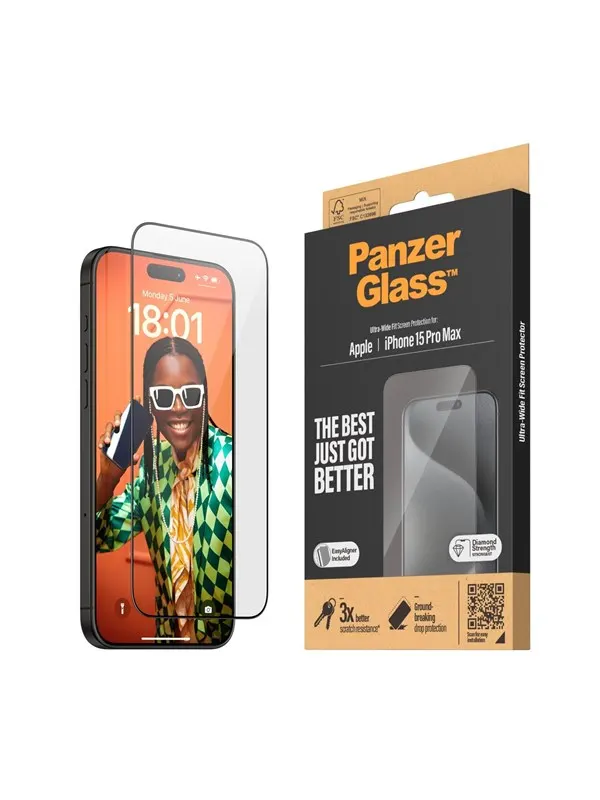 PanzerGlass Screen Protector iPhone 15 Pro Max | Ultra-Wide Fit w. EasyAligner