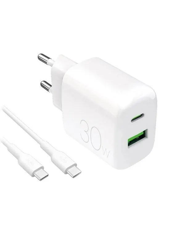 Puro PROLITE 30W USB-A / USB-C Wall Charger + USB-C - USB-C 1.2m Cable - White