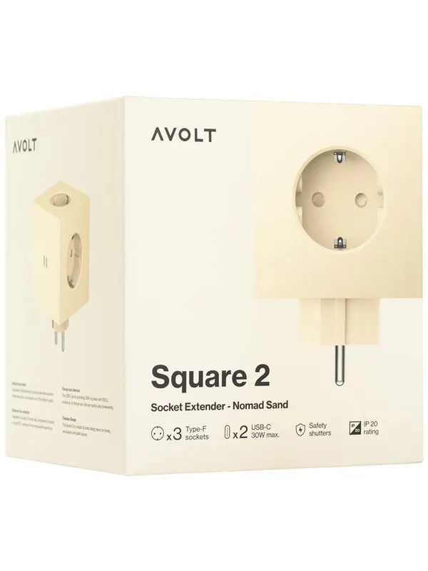 AVOLT Square 2 Socket extender with 30W Dual USBC Beige