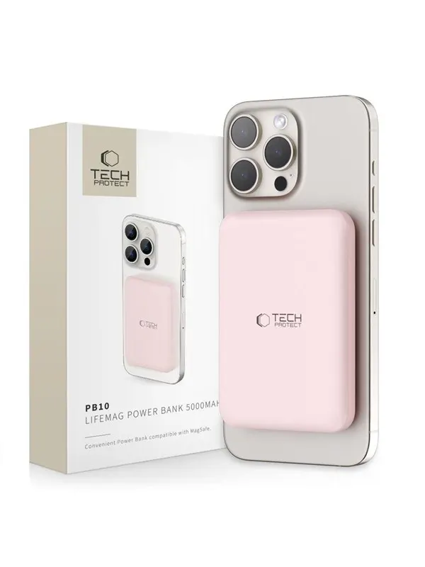 Tech-Protect LifeMag PB10 Power Bank with MagSafe 5000mAh 15W USB-C Port - Pink + USB-C Cable - 5000 mAh