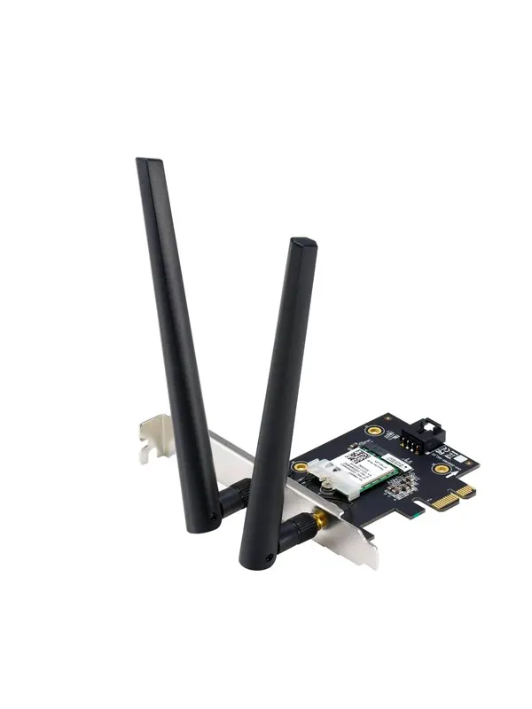 ASUS PCE-AXE5400 WiFi 6E PCI-E Adapter with 2 external antennas. Supporting 6GHz band 160MHz Bluetooth 5.2 WPA3 network security OFDMA and MU-MIMO