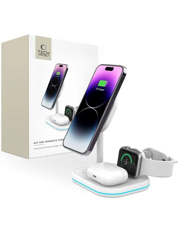 Tech-Protect QI15W-A27 3in1 Inductive Charger with MagSafe Stand for Smartphone / Apple Watch / AirPods - White