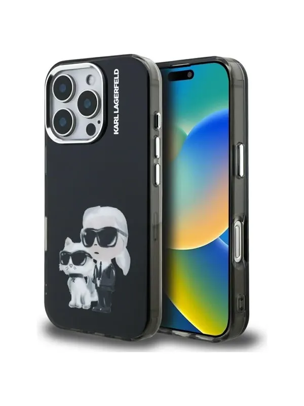 Karl Lagerfeld IML Aquarelle Karl & Choupette & Logo iPhone 16 Pro Case Black